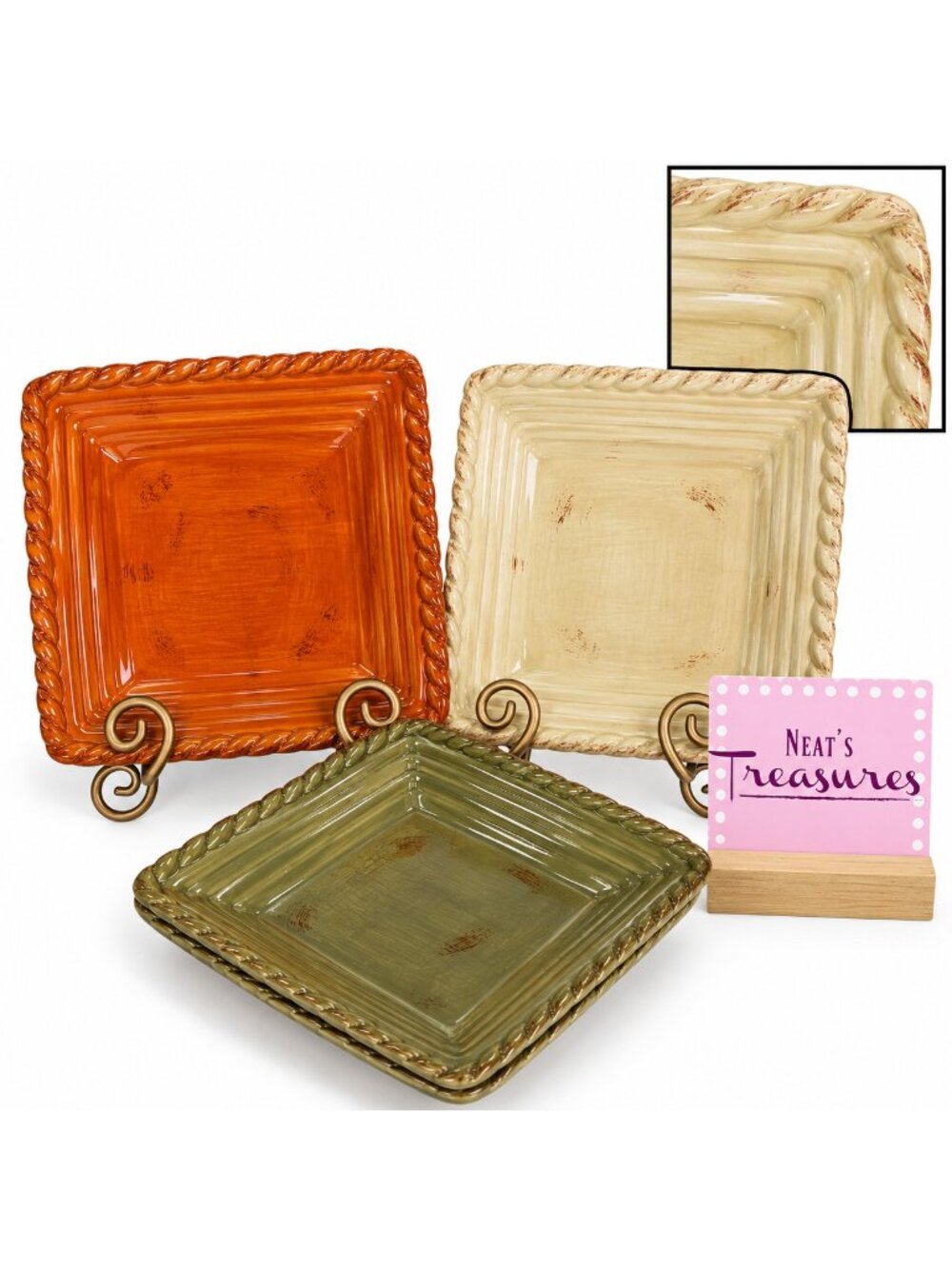 Artimino TUSCAN COUNTRYSIDE Rustic Rope Rim Square Stoneware Salad Plate Set 3